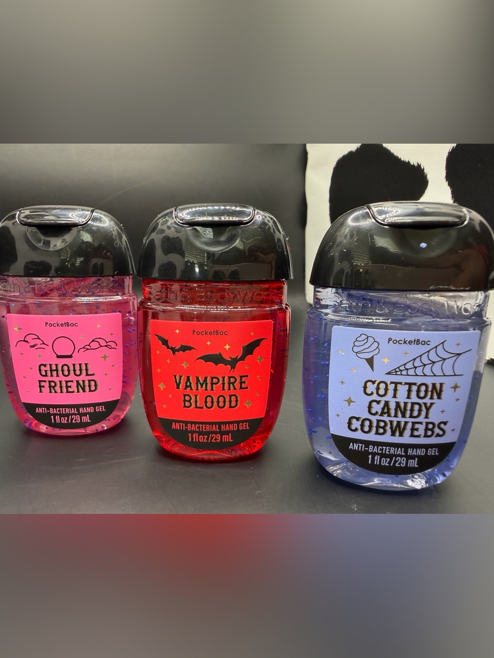 5 Sanitizers:Vampire Blood, Ghoul Friend, Cotton Candy Cobwebs, Pumpkin Carving